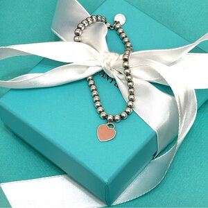 Authentic Tiffany & Co. Pink Mini Heart 4mm Bead Bracelet 7”